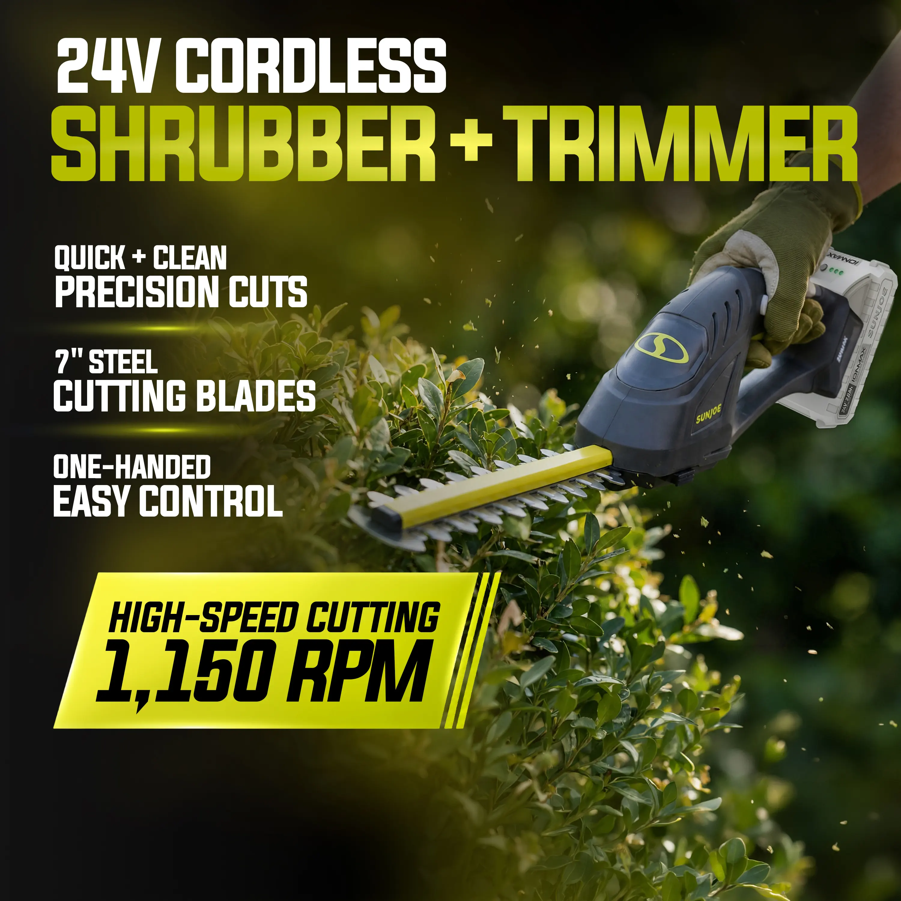 Sun Joe 24V IONMAX Cordless Handheld Shrubber & Trimmer Kit, 7-Inch, W/ 2.0-Ah Battery + Charger, Grass Cutting Tool, Safety Start Switch