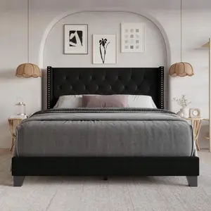 Wingback Headboard Tufted Upholstered Panel   High Density Foam Padding Easy Assembly Queen   Bed Frame Brown Faux Leather Cloud Sectional Sofa Modular Corduroy