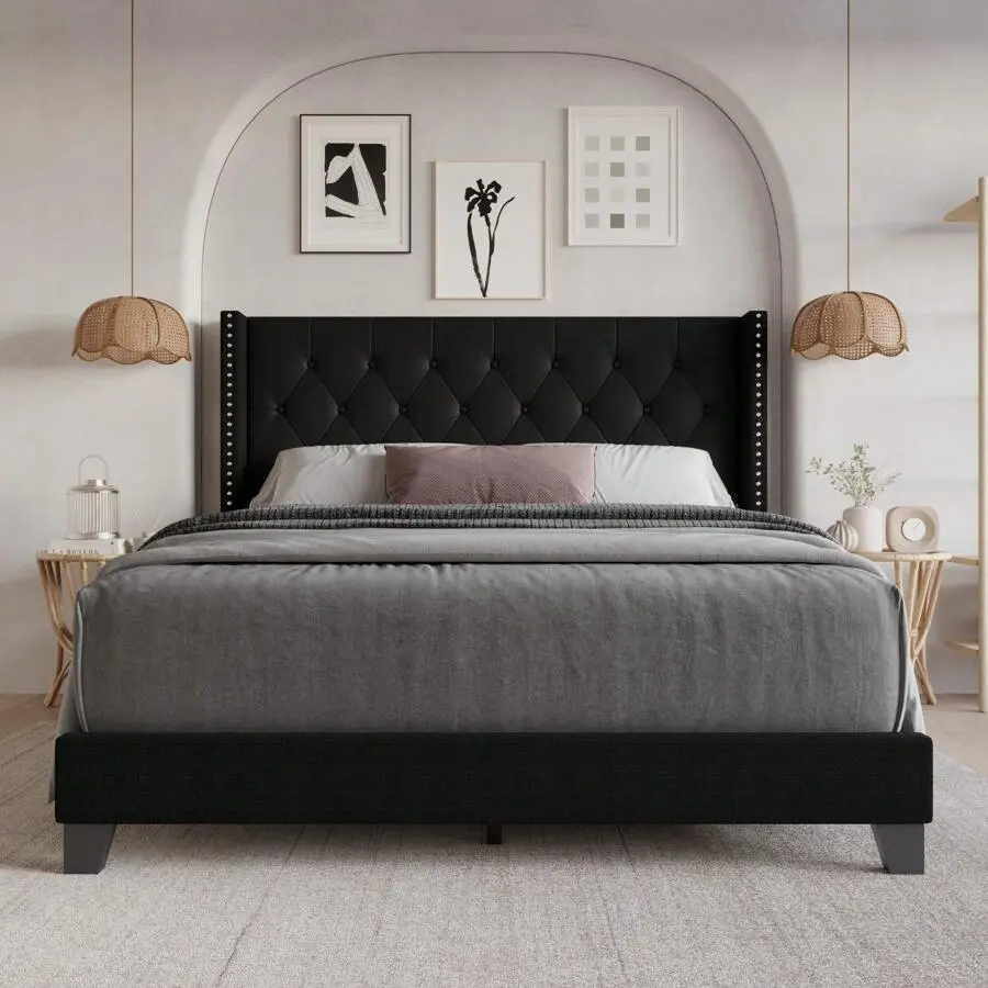 Queen Tufted Upholstered Wingback Headboard - High Density Foam Padding, Sleep Aid, Classic Black, Easy Assembly, Upholstered Bed Frames, No Fire Safety Label, for Bedroom Use