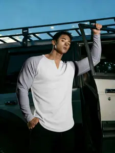 Men's Waffle Long Sleeve T-Shirt, Fashion Colorblock Shoulder Sleeves, V Neck Design, Elastic Breathable Fabric, Slim Fit, Summer Vacation Layering
