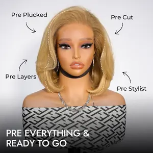 [Clearance]AliPearl Wigs Honey Blonde Pre Styled Straight Layered Glueless 13x4 Lace Front Wig Short Bob Ready to Go Pre Cut Pre-Plucked Wig Human Hair 180% Density