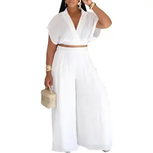 Women’s Two-Piece Set: Lapel V-Neck Waist-Cinching Loose Top and High-Waisted Stretch Wide-Leg Pants