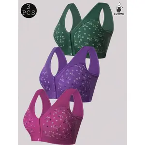 3pcs Front Closure Soft Camisole Bras For Mature Women, Wire-Free Plus Size Comfortable Lingerie,Autumn And Winter Styles,Christmas