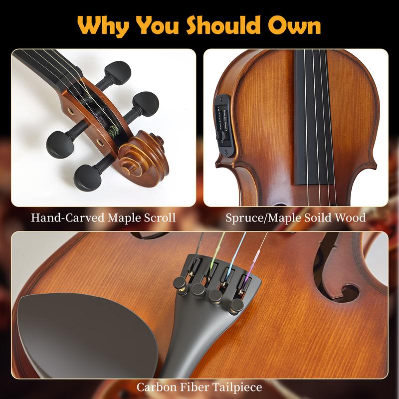 MeloCrest 4/4 Silent Electric Violin - Solid Spruce Top & Maple Back, Carbon Fiber Tailpiece, Ebony Fittings, Starter Kit for Beginners