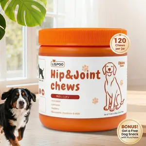 LISPOO 120-count canine hip joint chewable tablets, a joint supplement containing glucosamine, chondroitin, and MSM, to relieve hip pain in all dog breeds.