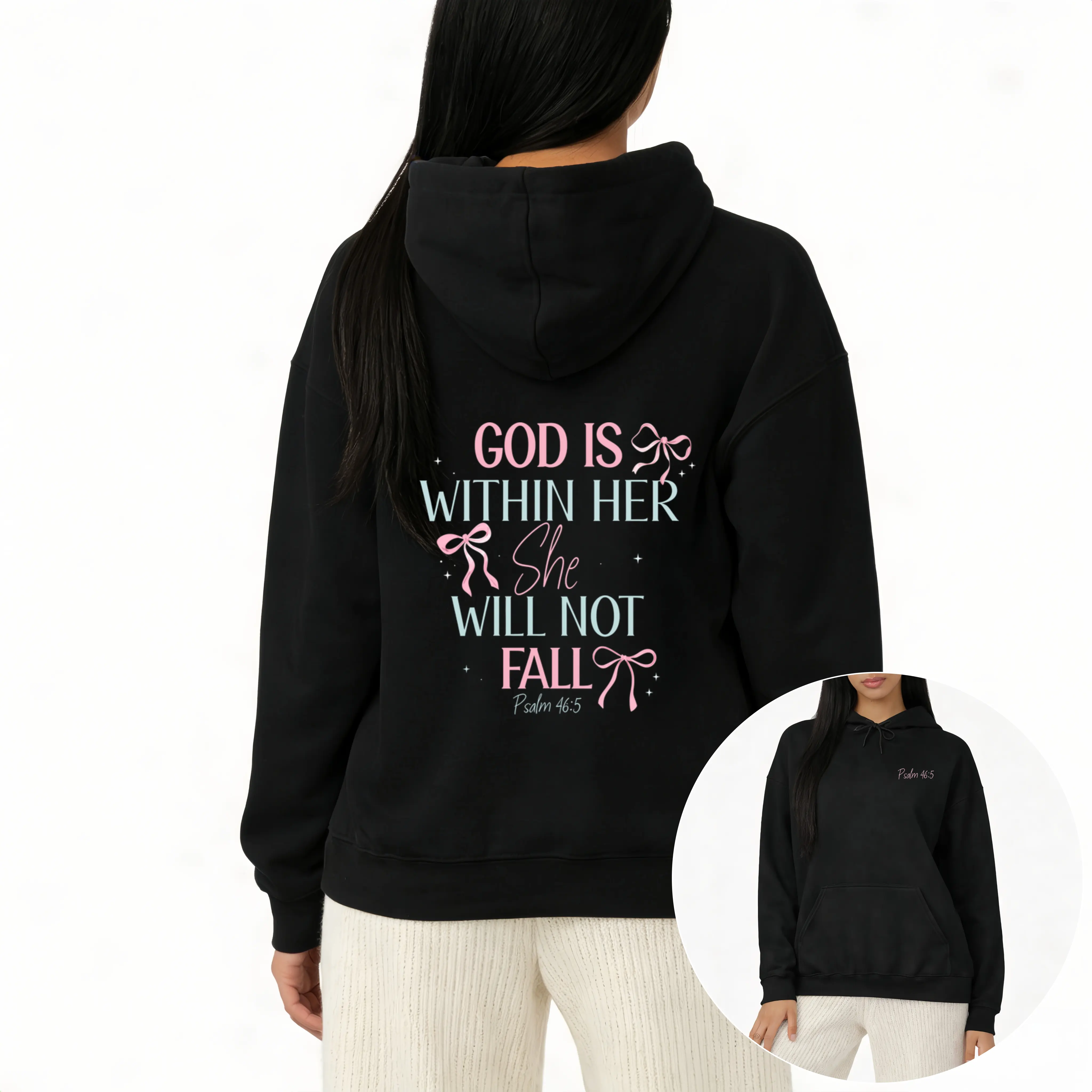 Women’s Long Sleeve Hoodie with Inspiring Dual-Sided Print – Vintage Loose Fit, Psalm 46:5 Design for Casual Spring and Summer Wear Fabrics Straight