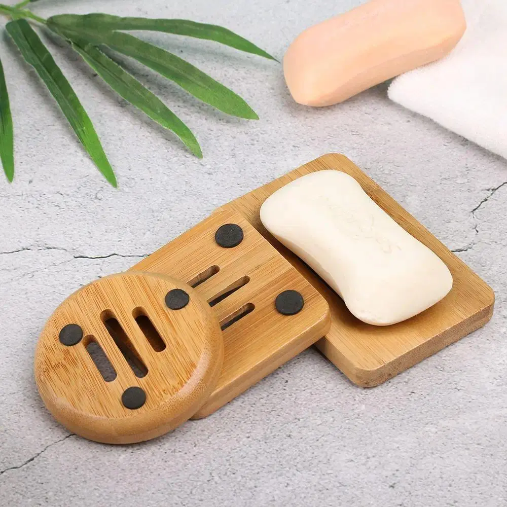 Sturdy Wooden Bamboo Soap Dish - 7.9*12cm/8*8cm Portable Drain Holder, Home Bathroom Storage Box, Room Accessories