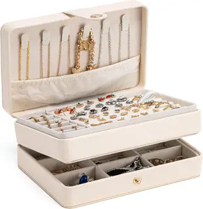 Jewelry Organizer Box, 2-Layer Large Jewelry Storage Case, Portable Travel Jewelrys Display Holder for Earrings, Necklaces, Bracelets (Beige, PU Leather)