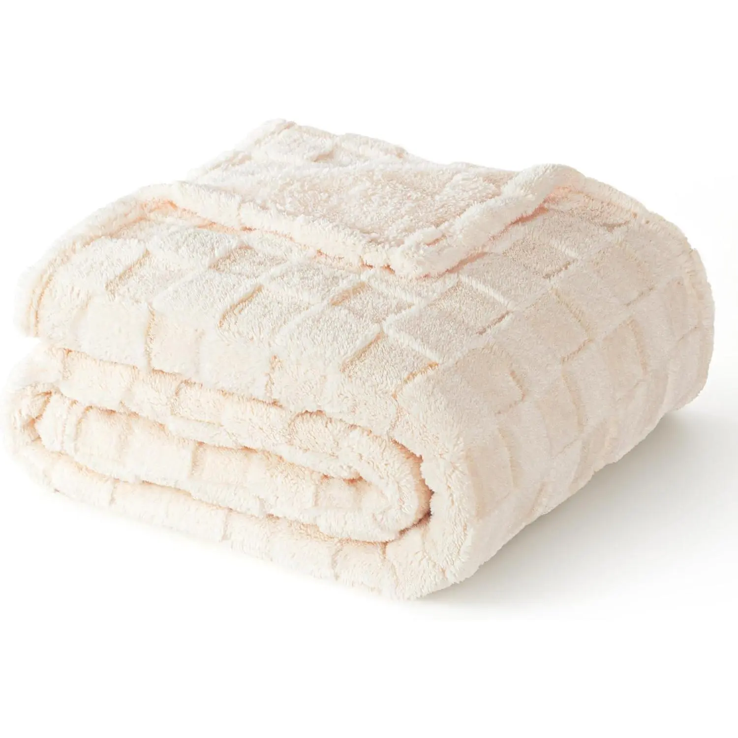 3D Checkered Fleece Throw Blanket for Couch, Ivory |   Soft and Cozy Throw, Lightweight and Breathable, Cute Fuzzy Blanket for Sofa, Home Decor, All Season, 50"x60"