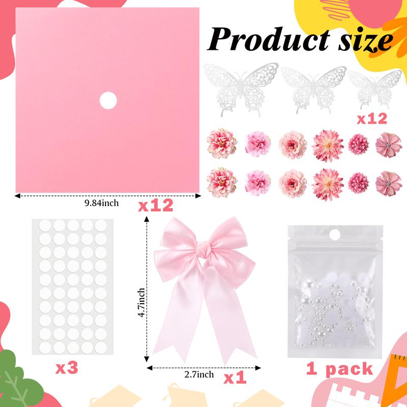 Graduation Cap Decoration Kit with Artificial Flower Heads 3D Butterfly Construction Paper Stickers Pearl Adhesive Dots Satin Bow for Grad Cap Topper DIY Craft Art Decor Grad Gift