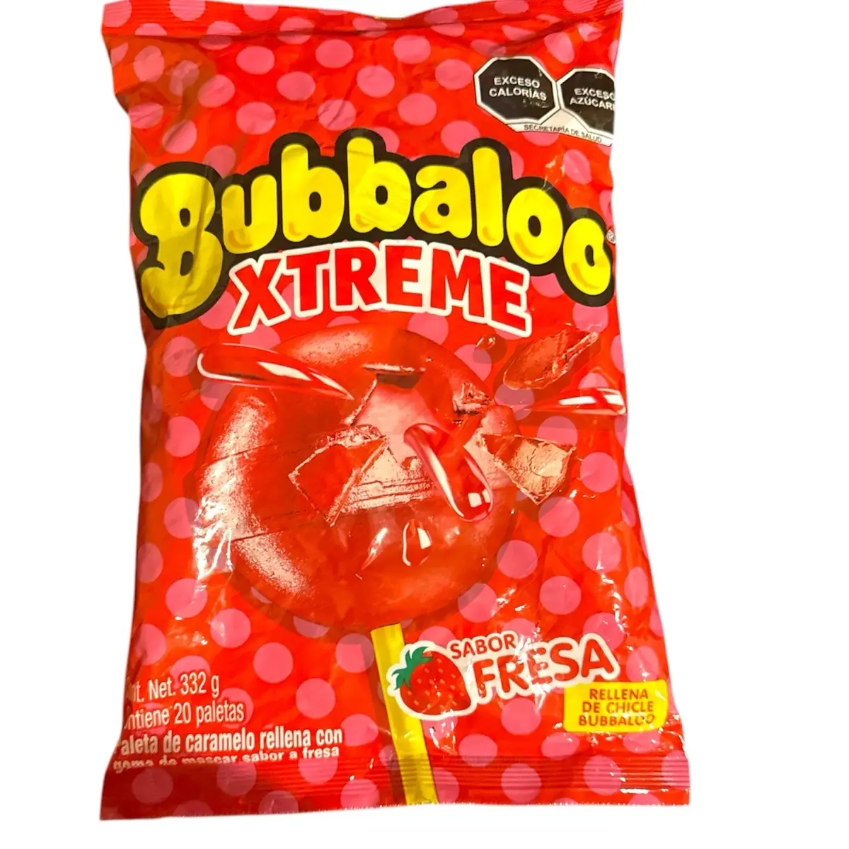 Bubbaloo Xtreme Fresa-Strawberry Gum Filled Lollipops
