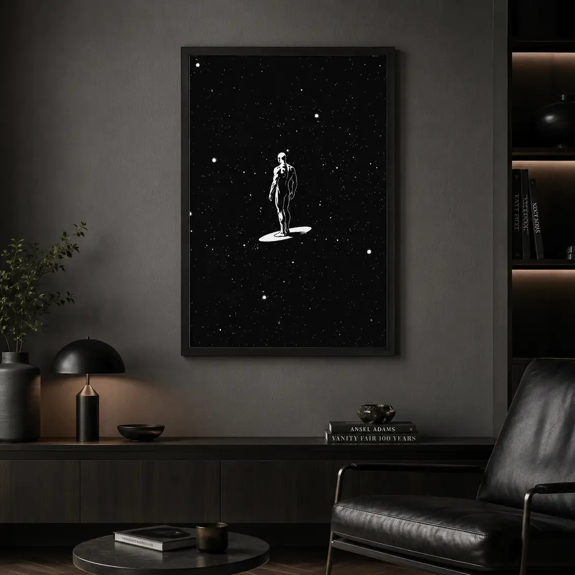 Cosmic Space Surfer Wall Decor Black and White Universe Stars Picture Display Minimalist Sci-Fi Graphic Artwork for Man Cave Bedroom