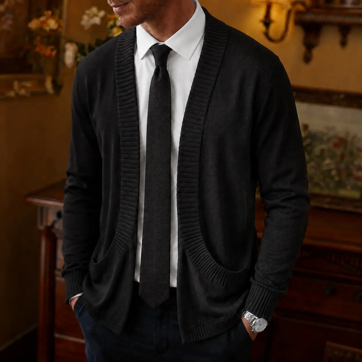 Men's Long-Sleeve Knit Cardigan Tops - Classic, Plain, Stretchy, Textured, Casual Loose-Fit, Comfortable Fabric, Versatile, Ideal for Home Wear & Old Money-Style Outfits (Knitwear Basics, Effortless Pullovers)