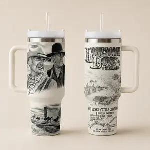 Vintage Western Cowboy Tumbler 40oz 30oz, Lonesome Dove Texas Inspired Ranch Life Cup, Black White Old West Cattle Company Drinkware, Cowboy Gift For Dad Grandpa, Not Including The Straw