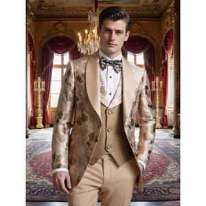 Opulent Jacquard Shawl Collar Men's 3-Piece Tuxedo, Elegant & Luxury Formal Suit Set with Blazer, Vest and Pants, Perfect Choice for Weddings, Banquets, Dates and Holidays