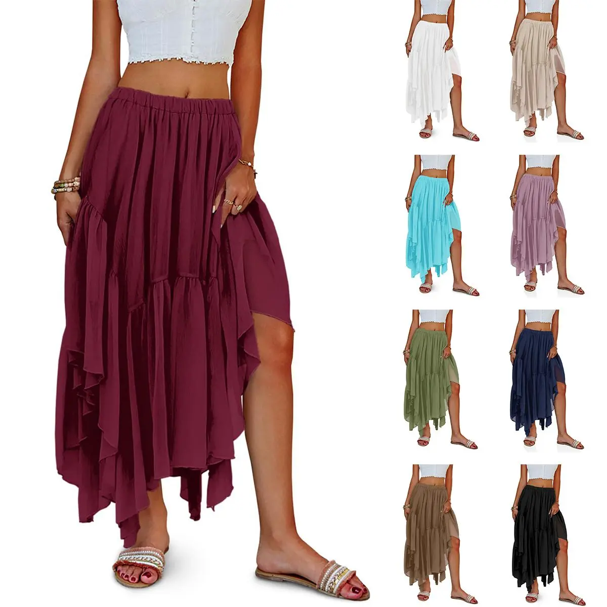 Imily Bela Women's Chic Boho Mesh Maxi Skirt, Layered Asymmetric High-Low Hem, Flowy Lightweight Fabric with Elastic Waist for Summer Beach