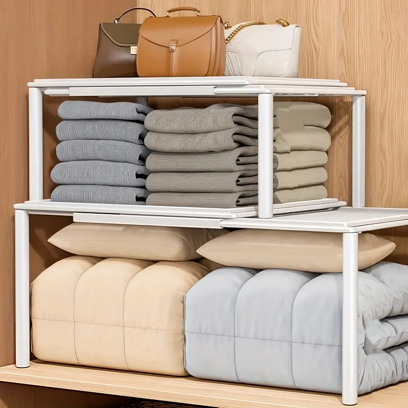 1 Pack Expandable Metal Wire Shelf – Stackable Closet & Cabinet Organizer, Home Wardrobe Storage System for Kitchen, Bathroom, Dorm, Adjustable 35-60cm Length for Sorting Clothes, Bed Sheets & Towels, Easy Assembly, Space-Saving
