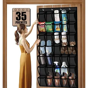 35 Pockets Large Over the Door Organizer, Breathable Mesh Pockets Hanging Shoe Organizer, Black Door Shoe Organizer Mesh Closet Shoe Holder Hanger Holds Up to 40 lbs, Space Saving Shoe Rack