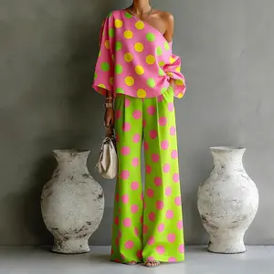 Women Polka Dot Two-piece Sets, One Shoulder Batwing Sleeve Top and Wide Leg Pants for Summer, Casual Fashion Suit