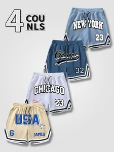 Men's 4-Pack Basketball Shorts, Nyc Chicago Usa City Number Print, Elastic Drawstring Waist, Summer Casual Streetwear, Loose Fit with Pockets, Athleisure Shorts