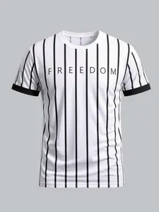 Men's Vertical Striped "FREEDOM" Graphic T-Shirt – Casual Crew Neck Short Sleeve Tee with Black Contrast Cuffs, Lightweight Breathable Streetwear Top for Summer, Daily Wear, Vacation & Street Style Outfits