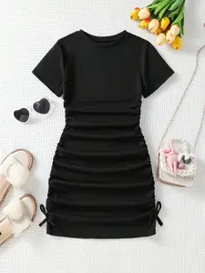 Girls' Wrinkled Bow Dress, Casual Polyester Knit Fabric, Slightly Stretchy, Suitable for Spring/summer/autumn, Solid Color Dress