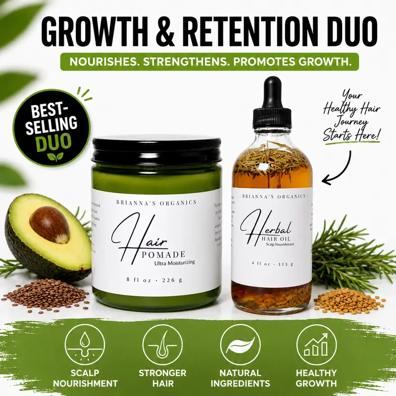 Brianna’s Organics Growth & Retention Duo - Herbal Oil + Pomade, Adult Rosemary Care Set with Sunflower, Green Tea, Oat, Jasmine & Tea Tree, for Dry Curly/Coily 4C Hair, Vegan, Sulfate-Free, Paraben-Free 2-Piece Scalp Nourishment Bundle, Adults