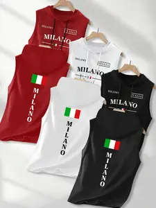 Men's Simple Milano Theme Vest Set, Casual Slim Fit Drawstring Design, Comfortable Soft Daily Wear, Multifunctional Sports Hooded Vest