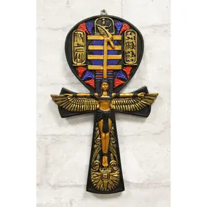Ebros Crux Ansata Egyptian Ankh of Isis with Open Wings and Cartouche Hieroglyphs Wall Decor Accent 3D Plaque Figurine 7.5" High Symbol of Life and Balance Gods of Egypt (Colorful Black and Gold)