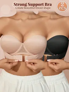 MIMILEMON Women's 2PCS Strapless Push-Up Underwire Bra - Basic, Minimalist Simple Design, Front Buckle Enhanced Lift, Back Buckle Secure Fit, Comfortable Solid Color Slim-Fit | Wedding, Everyday Occasions
