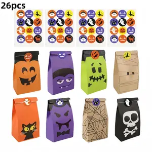 Halloween Candy Gift Bags Set of 26 with 8 Unique Styles, Featuring 2 Stickers for Parties, Perfect for Trick or Treating & Christmas