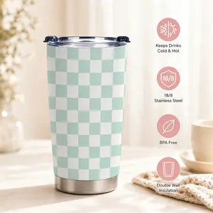 20oz Checkered Tumbler Cup, Coffee Tumbler Pink Insulated Cup with Lid, Stainless Steel Travel Cups for Women birthday