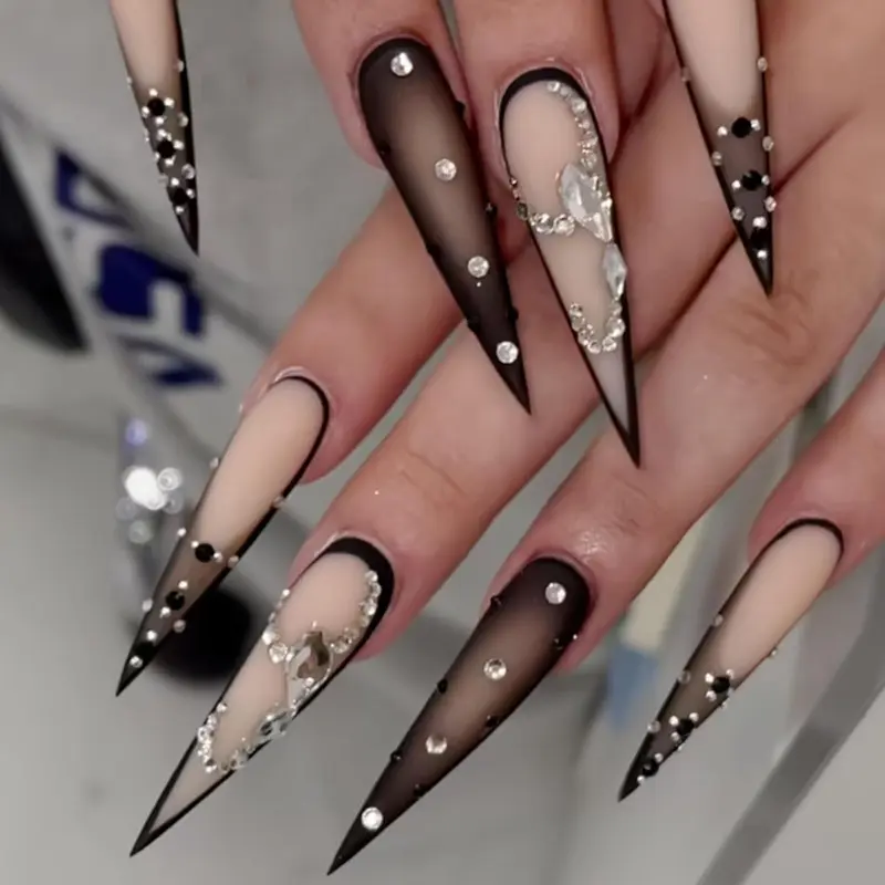 Black Ombre Press on Nails Long Stiletto Fake Nails Matte Rhinestone Extra Long False Nails Full Cover Glossy Glue on Acrylic Nails for Women 24Pcs