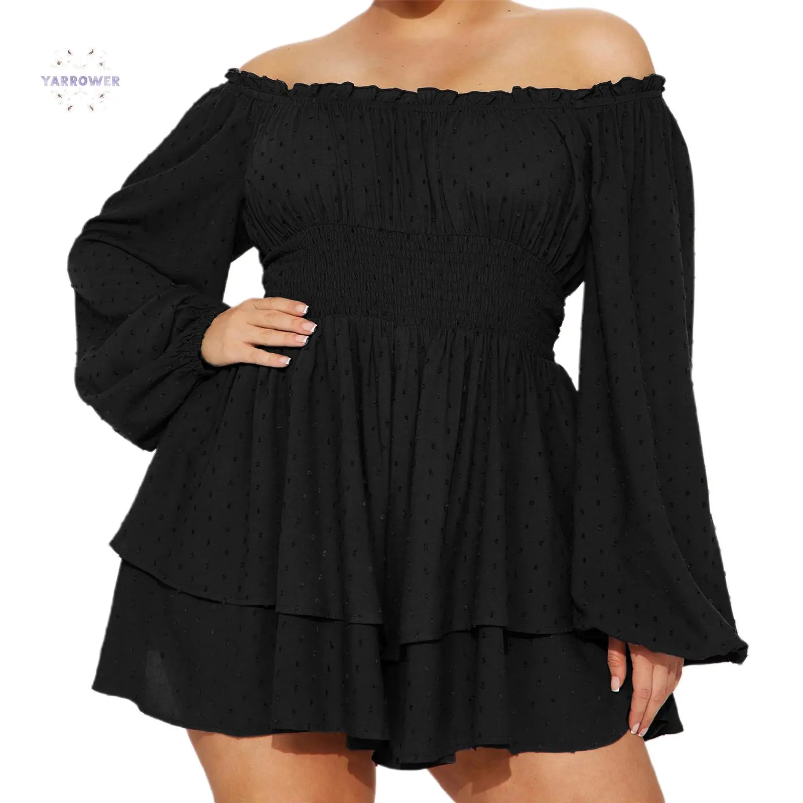 Women's Plus Size Polyester-Cotton Rompers - Swiss Dot, Boat Neck, Off-Shoulder, Long Sleeve, Short Jumpsuits - Streetwear Style for Casual Outings (Spring & Fall), Longsleeves, Plussize