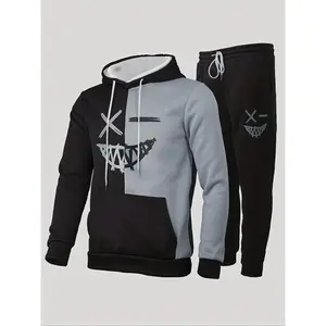 Two-piece Set Men's Colorblock Print Hoodie & Drawstring Waist Sweatpants Set, Regular Fit Casual Pocket Long Sleeve Hooded Sweatshirt & Jogger Pants for Daily Wear, Tracksuit, Men's Two-piece Outfits for Fall & Winter