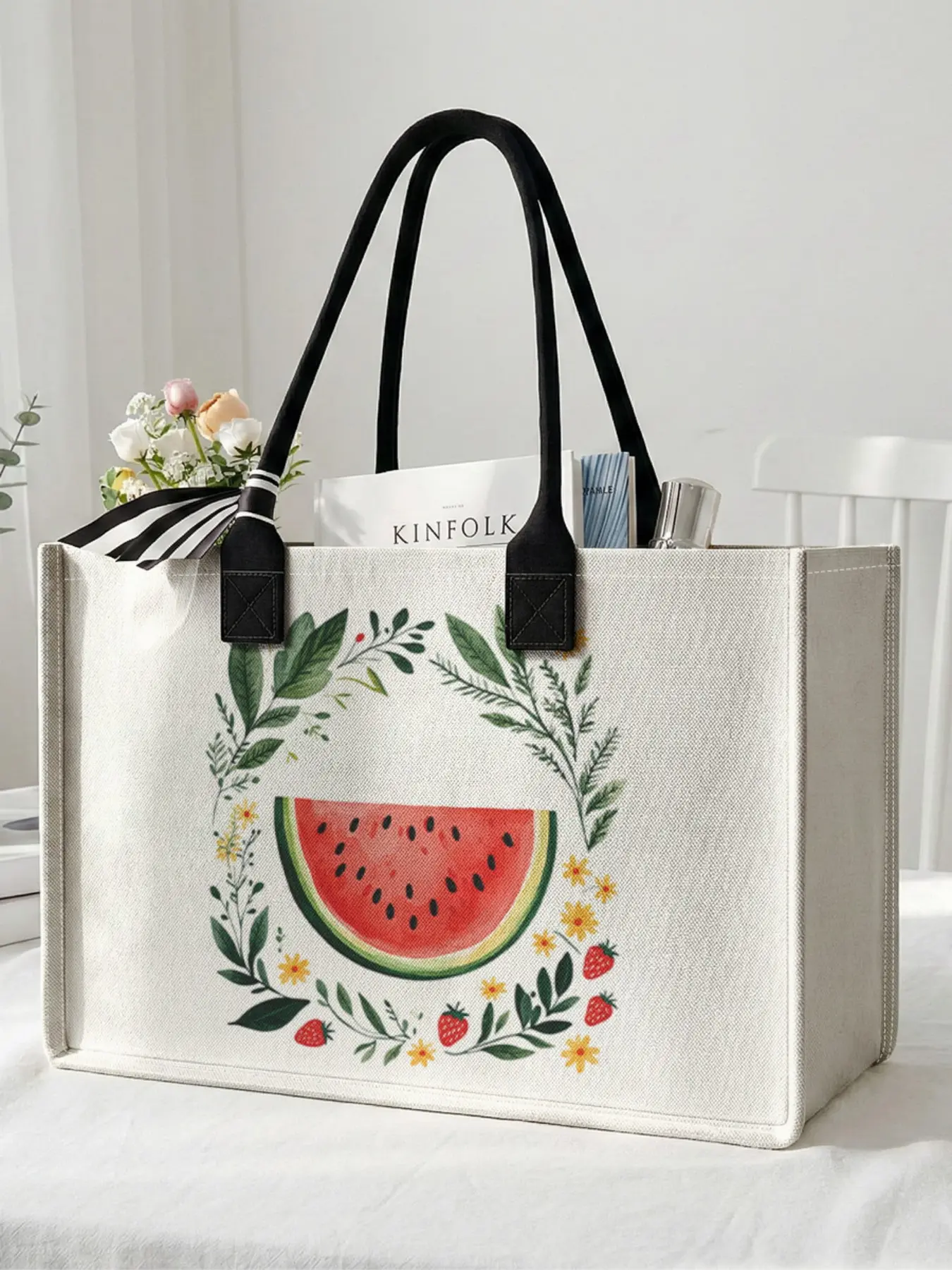 1 piece of watermelon flower pattern 2D printed large capacity storage bag, extra large storage bag, sturdy handle, space-saving multi-purpose, suitable for going to school, traveling, shopping use