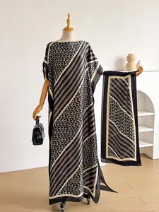 Women's Elegant Geometric Pattern Robe Set, Long Dress + Headscarf Scarf Hairband, Beach Sun Protection Satin Silk Shawl, Beachwear