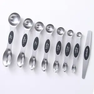 9 Piece Magnetic Measuring Spoons, Dual-Sided Stainless Steel Scoops with Leveler, Ideal for Dry and Liquid Ingredients, Kitchen Baking Tools