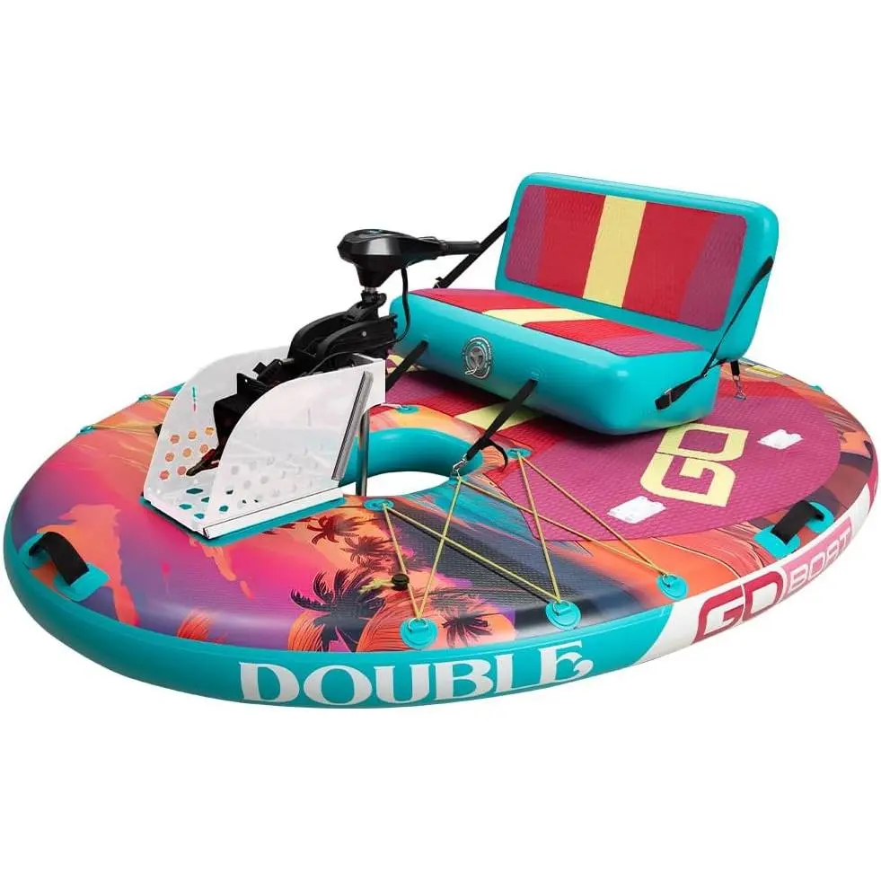 Double Sunset 2-Person Inflatable Boat with Tropical Design | Electric Motor & Backpack | Compact & Portable | Battery not Included | Perfect for Lakes, Bays, & Shoreline Adventures