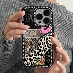 Shining Leopard Print Double-Sided Diamond Studded Bling Glitter Phone Case with Sparkle Rhinestone Diamond , Airbag Anti-Fall Crystal Cover for iPhone 17 16 15 14 13 12 11 Pro Max Plus Air