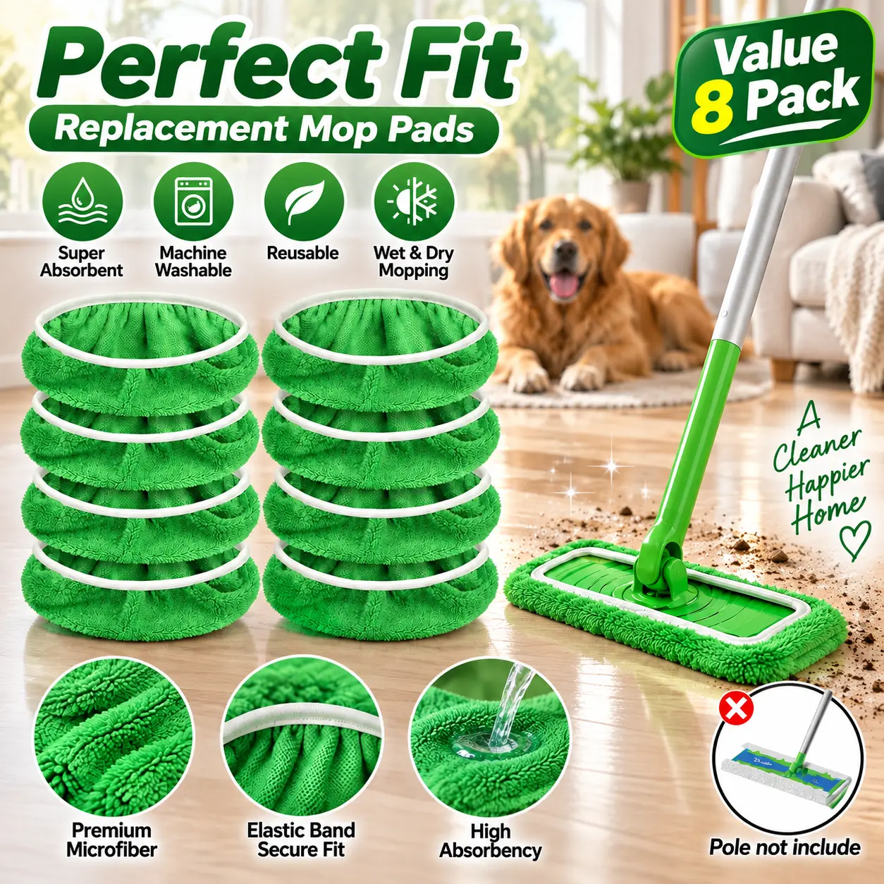 2026 New 8Pcs Reusable Coral Fleece Mop Pads - Compatible with Swiffer Sweeper, Washable Dry/Wet Cleaning Cloths Refills, Fast Dust Pickup, Fast Floor Drying, Multi-Surface Floor Use (Mop Handle Not Included