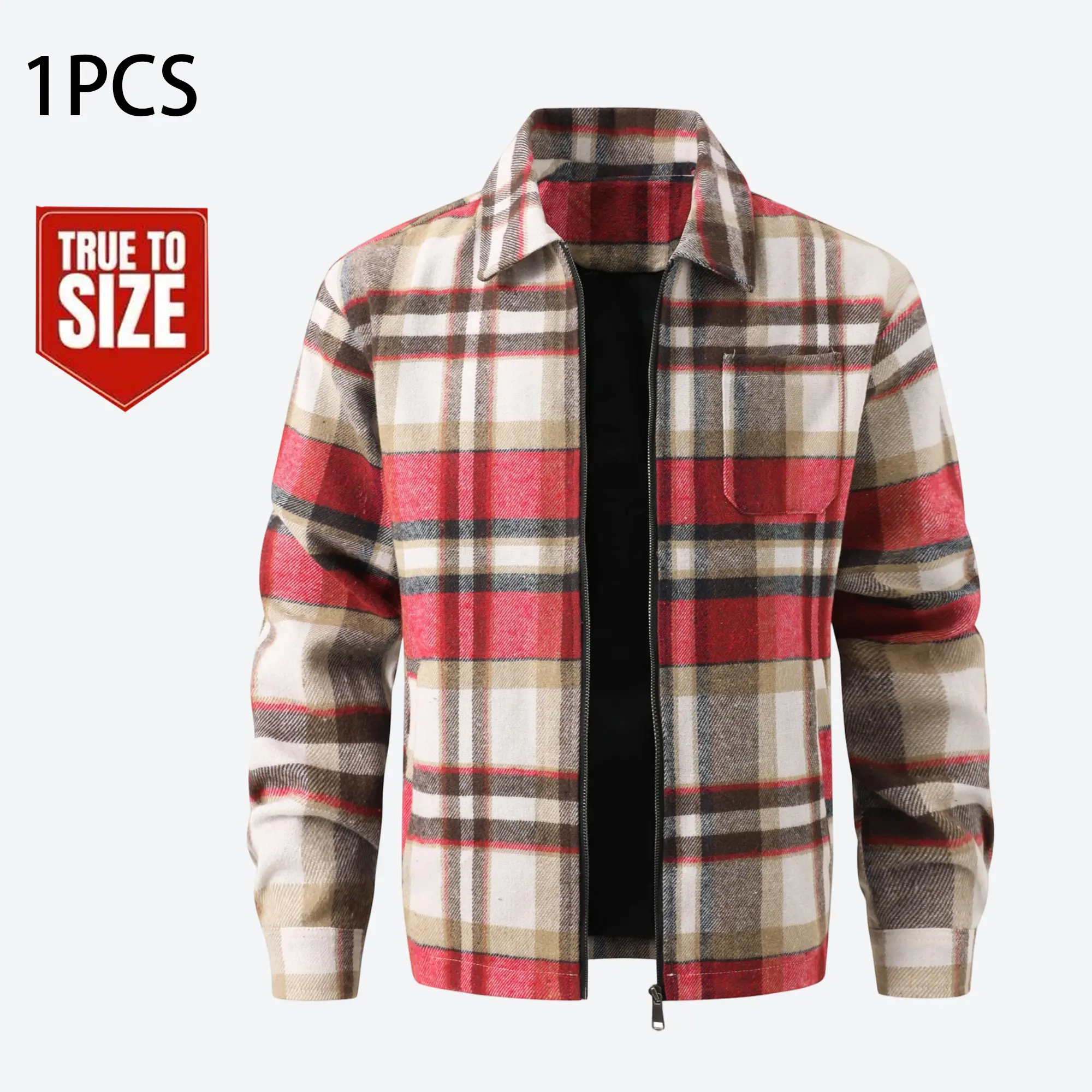 Men’s vintage plaid zip-up shirt jacket, flannel plaid overshirt with turn-down collar, autumn/winter long-sleeve casual plaid outerwear with inner lining