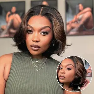 [Live]Brown Highlight Silky Short Bob Wig Layered Cut Human Hair Glueless 5x5 Closure Pre-Cut Lace Wig