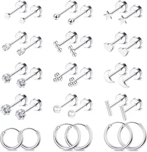 Small  Flat  Stud Earrings for Women Men 14K  Plated Surgical Stainless Steel Earring Sets  Screw  Cartilage Earrings for  Ears