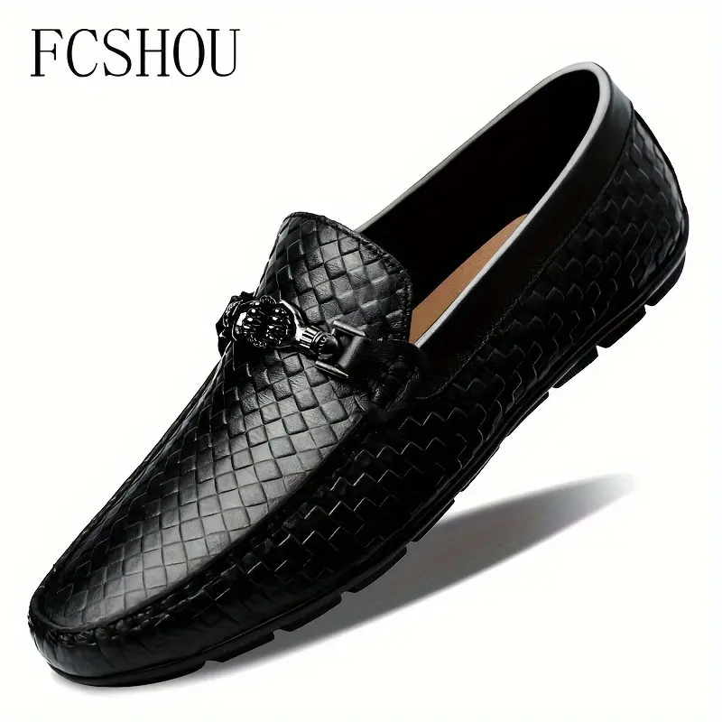 Men's Cow Split Skin Slip-On Loafers - Square Toe, Bit Detail, Flat Rubber Sole, PU Superfine Fiber Casual Party Shoe