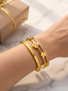 18K Gold Plated Clover Bangle Set, 2PCS Stainless Steel Four-Leaf Clover Stackable Bracelet with Cubic Zirconia, Hypoallergenic Waterproof Lucky Charm Jewelry, Elegant Daily Wedding Birthday Gift for Women