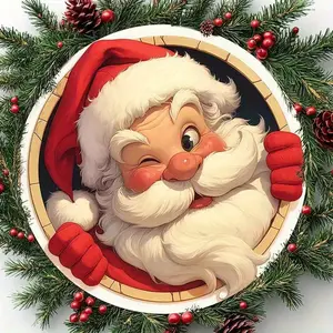 1pc 2D Plane, Festive Santa Claus Round Wreath Wall Decoration, Ornaments, Hanging Decoration - 8x8inch Aluminum Metal Sign, with Pine Cones and Red Berries, Durable Holiday Decoration, Suitable for Kitchen, Home, Living Room - Christmas Gift or Halloween