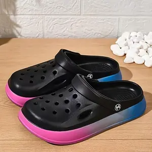 (New)Ladies' Summer Black Perforated Shoes, Gradient Color, Comfortable And Breathable, EVA, Suitable For Both Indoor And Outdoor Use