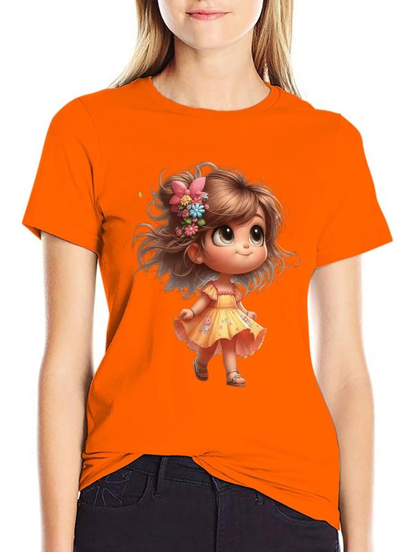 Women's Essential Cotton Crew Neck Graphic Tee - Flower Crown Girl Print, Short Sleeve, Casual Fitted Kawaii Cottagecore Halloween Tshirt, Soft Fabric