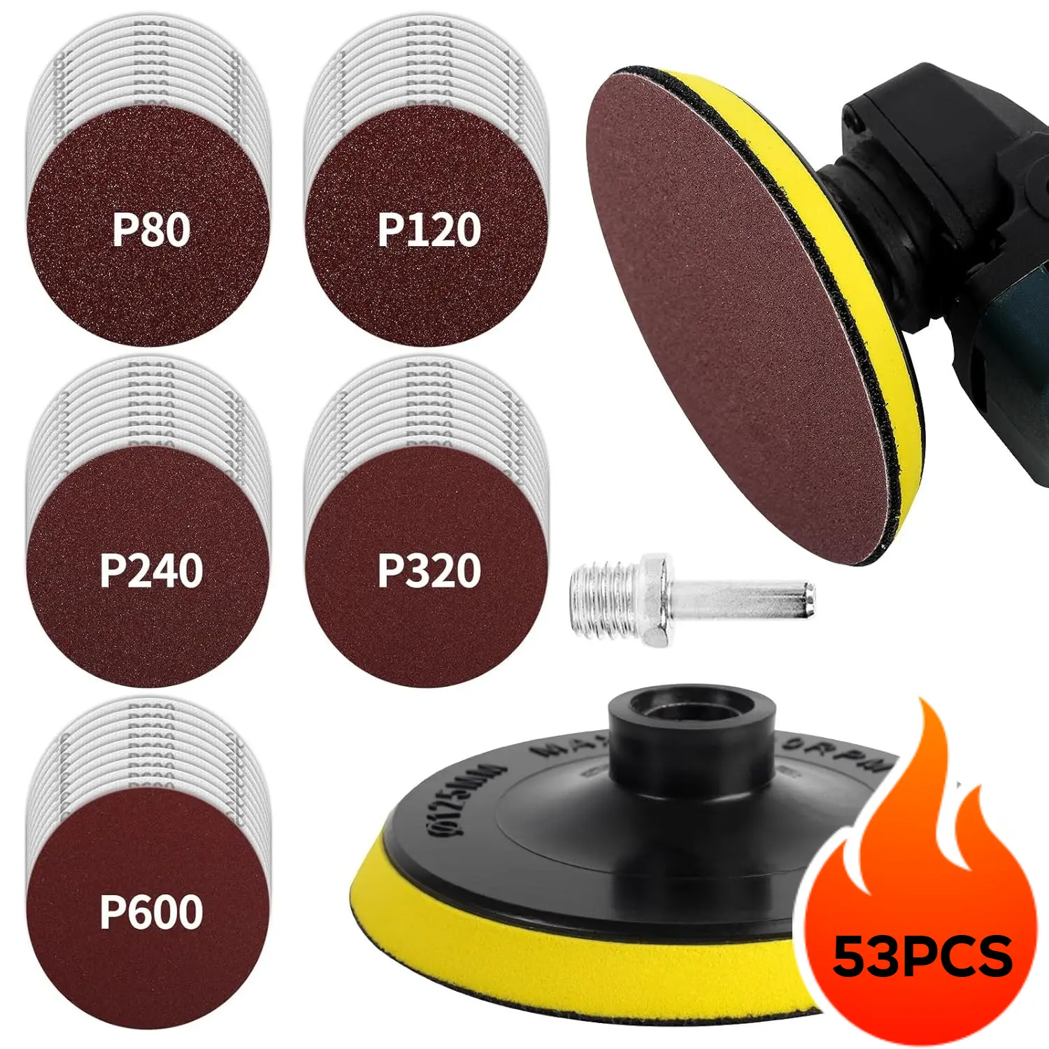 50Pcs 5-Inch Hook and Loop Backing Pad with Coarse-to-Fine Sanding Discs, Polyurethane Compact Power Tool Polishing Pads, 5/8-11 Thread Angle Grinder Attachments for Wood, Leather, Metal & Non-Metal Buffing (80/120/240/320/600 Grit)